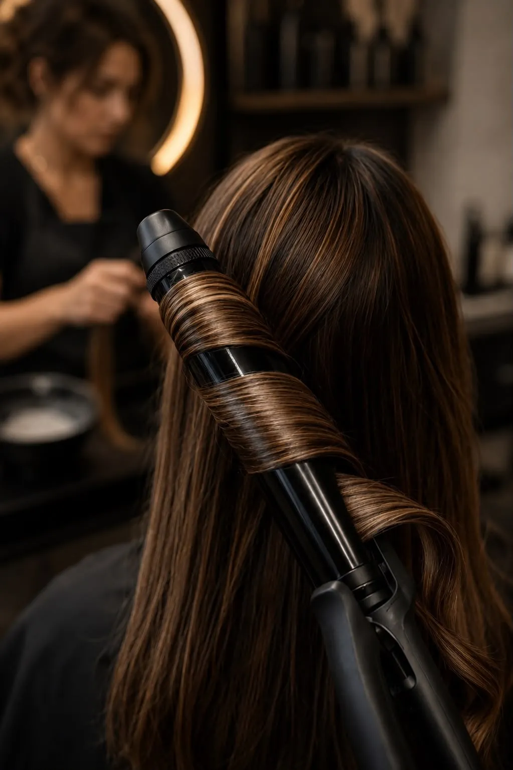 Curling iron shaping long caramel waves