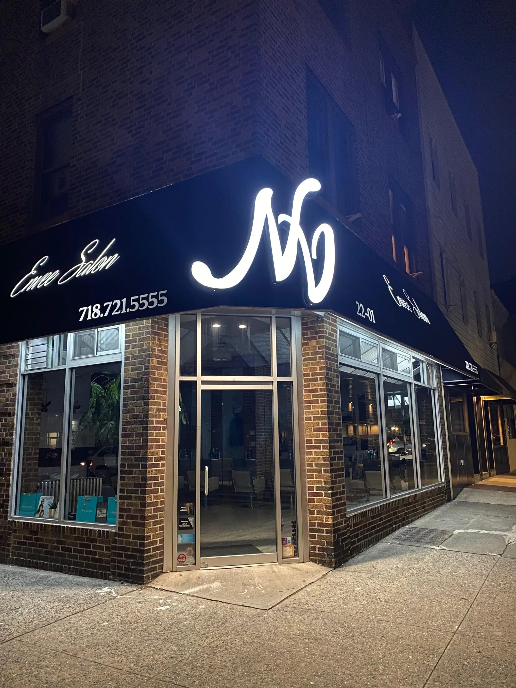 Envee Salon corner at night